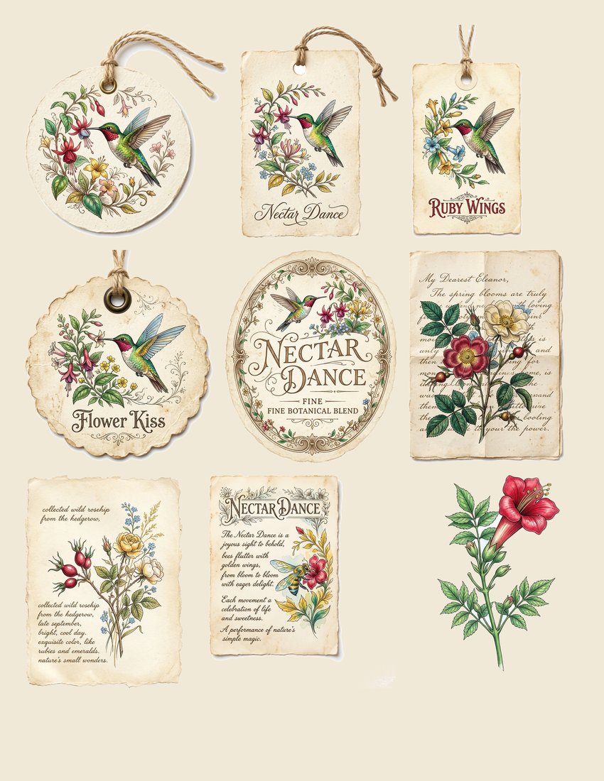 Hummingbird Nectar Junk Journal Kit | Vintage Botanical Ephemera | Digital Download