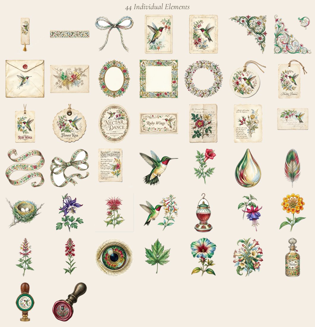 Hummingbird Nectar Junk Journal Kit | Vintage Botanical Ephemera | Digital Download