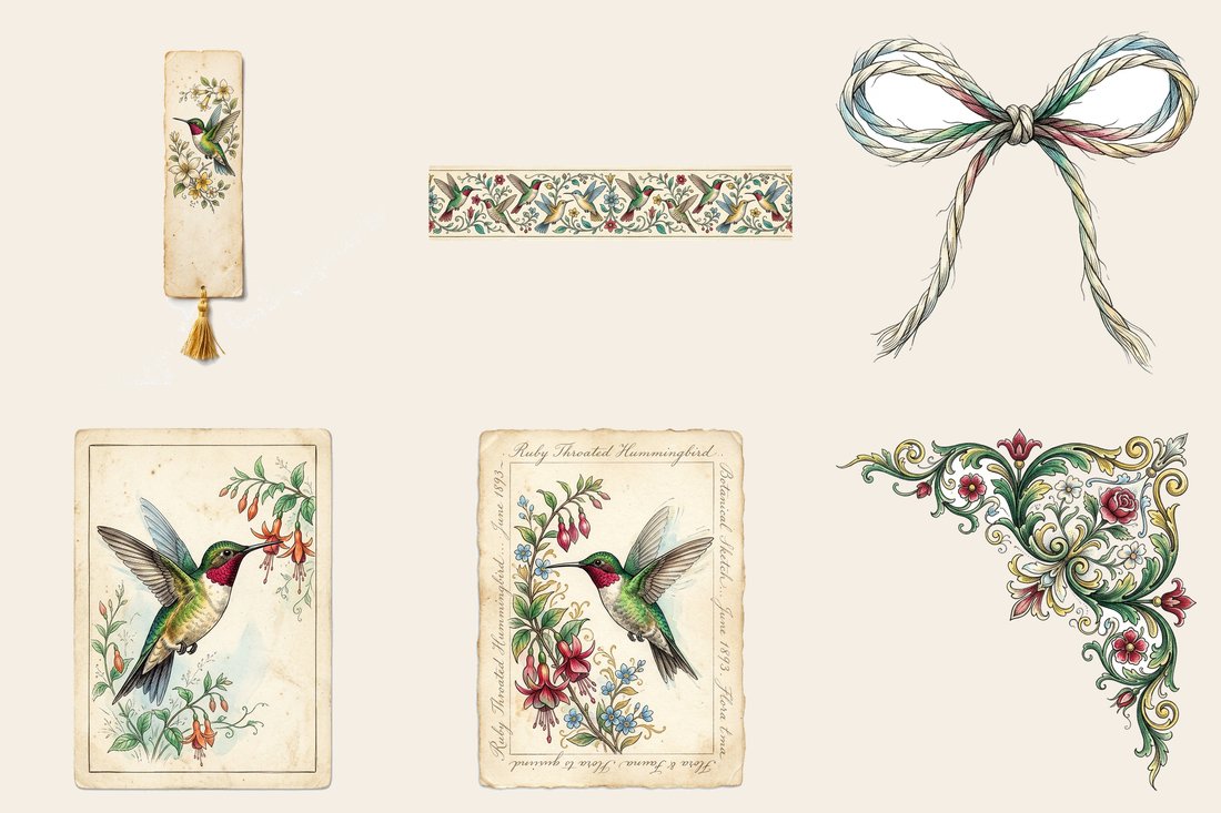 Hummingbird Nectar Junk Journal Kit | Vintage Botanical Ephemera | Digital Download