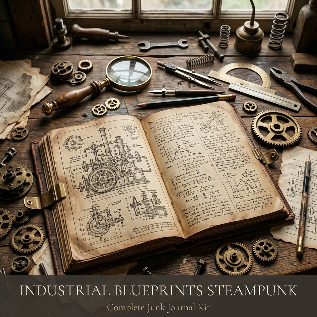 Industrial Blueprints Steampunk Junk Journal Kit | Digital Download