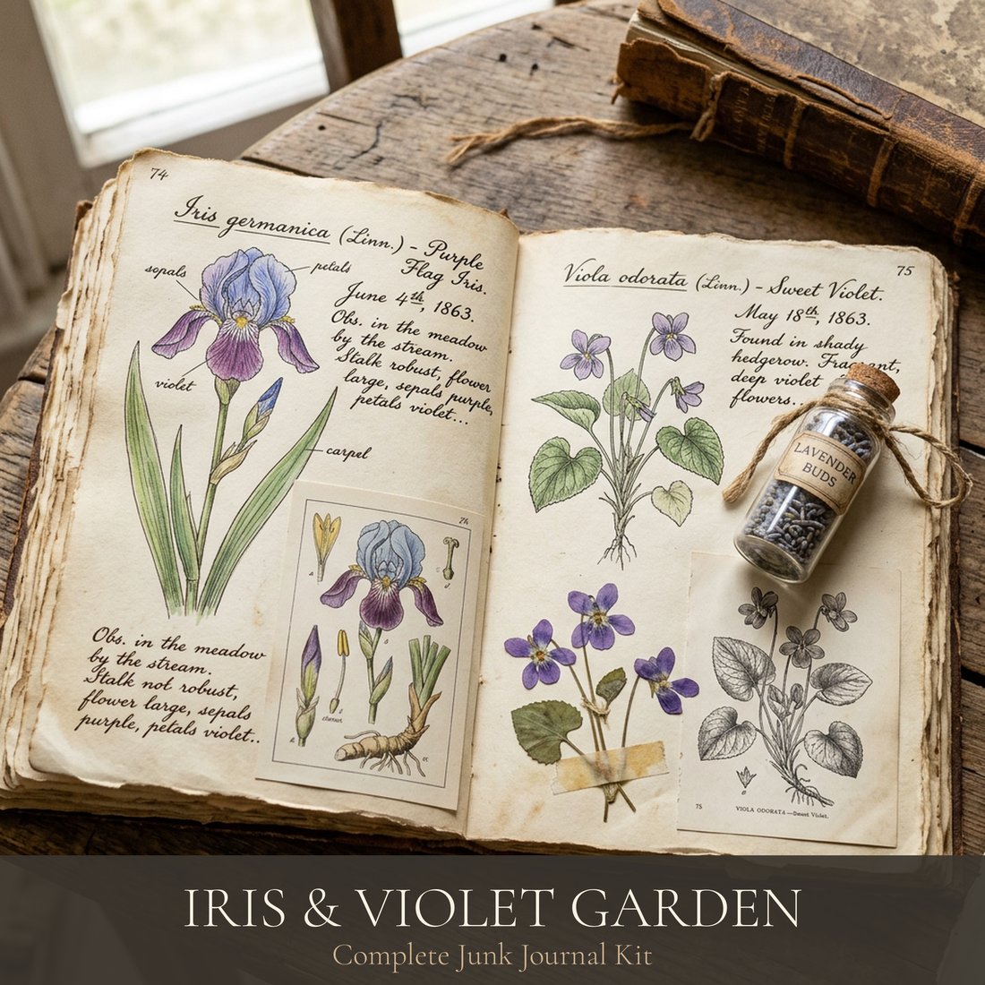 Iris & Violet Garden Junk Journal Kit | Whispering Blooms Ephemera | Digital Download