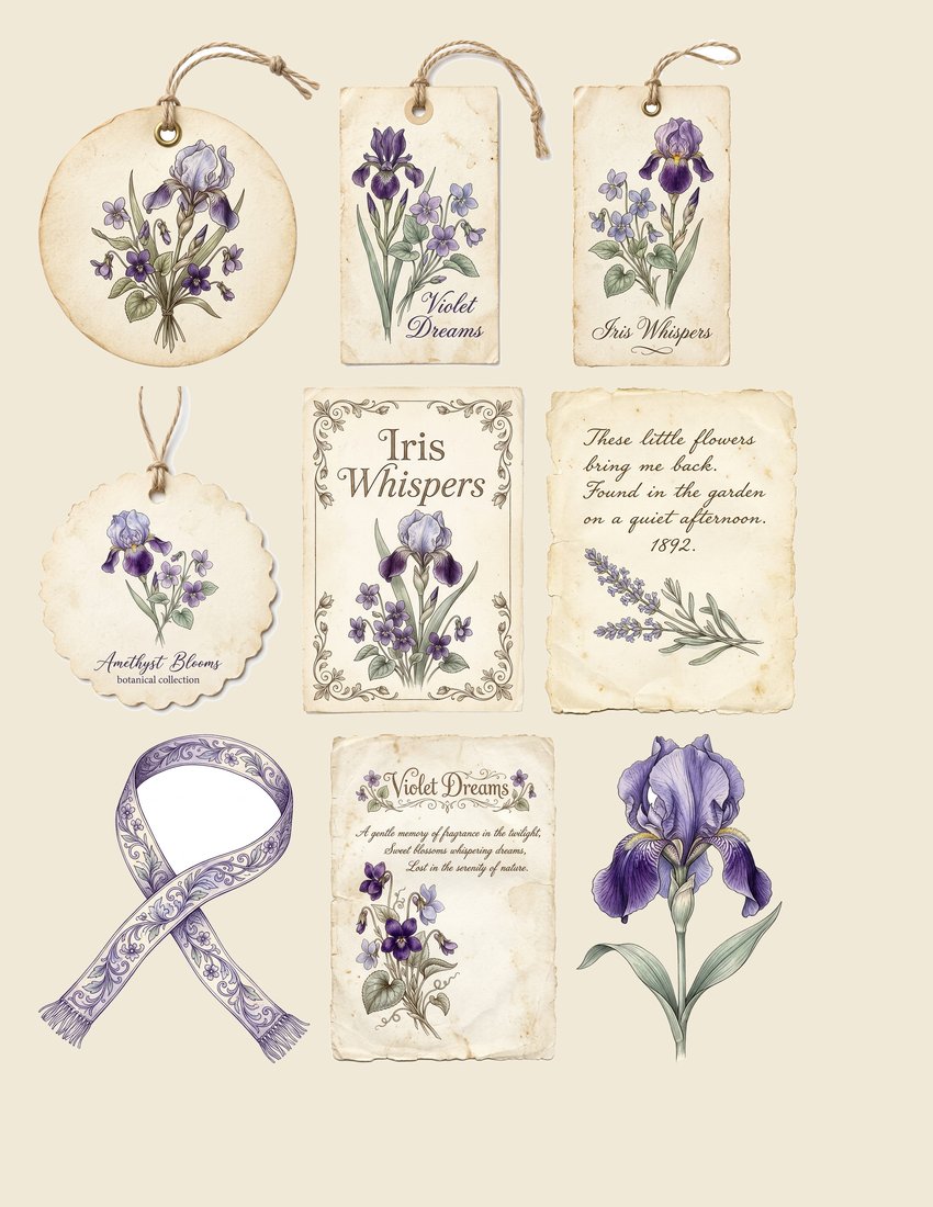 Iris & Violet Garden Junk Journal Kit | Whispering Blooms Ephemera | Digital Download