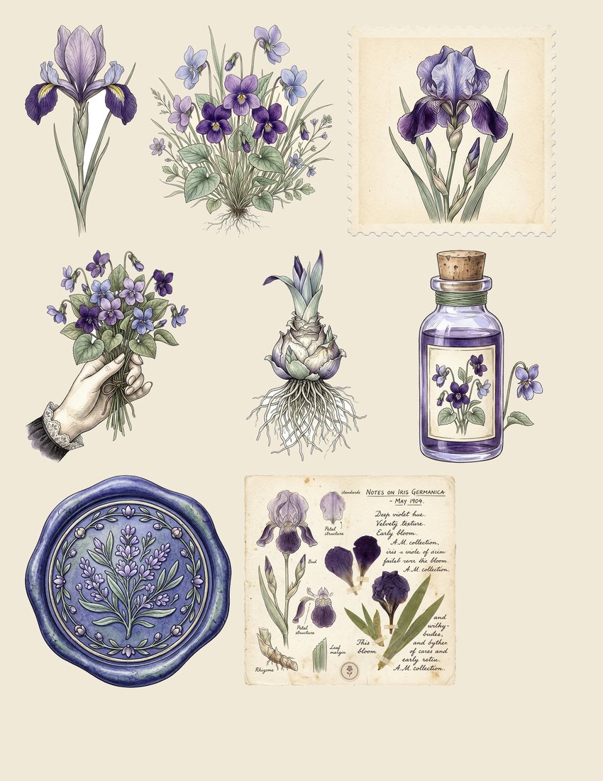 Iris & Violet Garden Junk Journal Kit | Whispering Blooms Ephemera | Digital Download