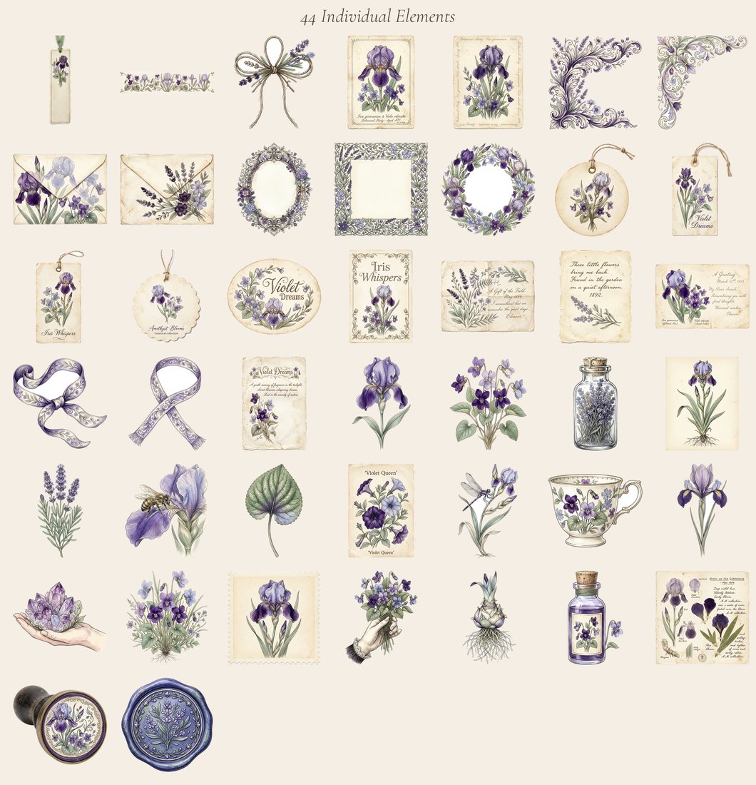 Iris & Violet Garden Junk Journal Kit | Whispering Blooms Ephemera | Digital Download