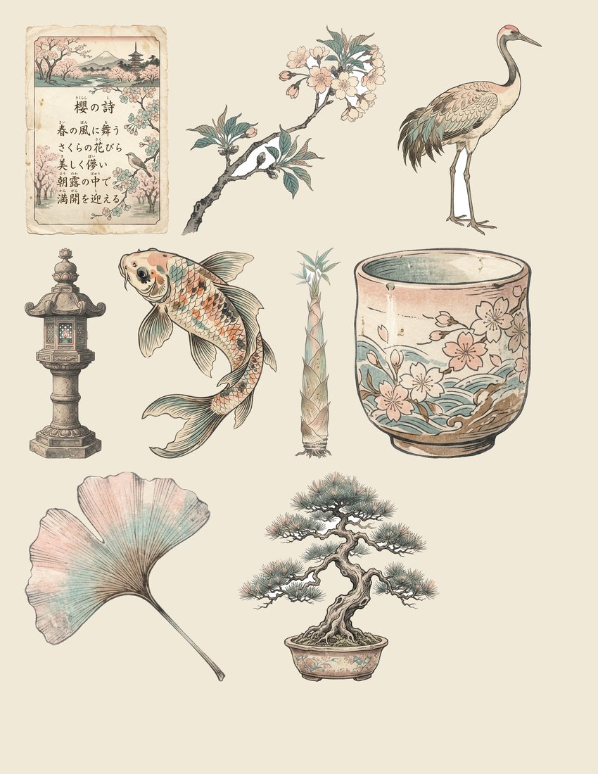 Japanese Garden Junk Journal Kit | Vintage Ephemera + Printable Sheets | Tranquil Oasis | Digital Download