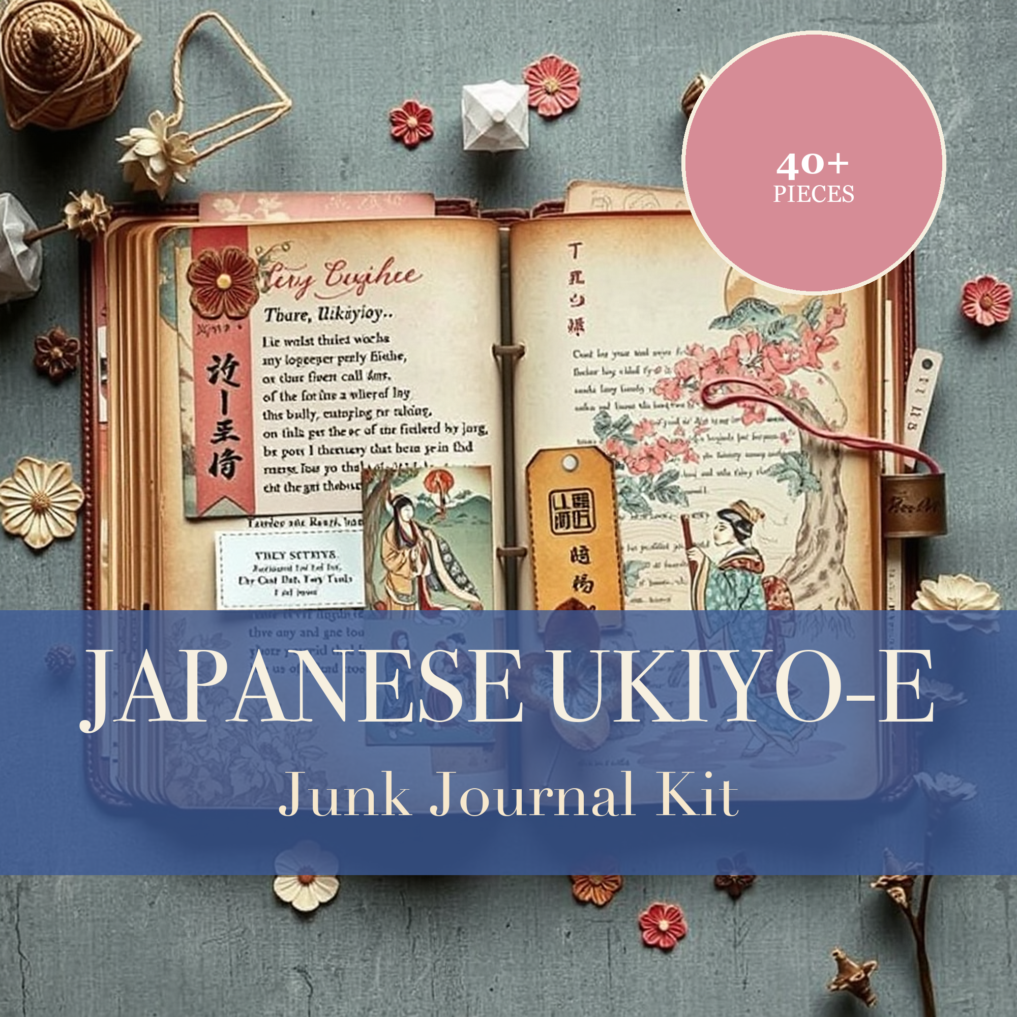 Japanese Ukiyo-e Junk Journal Kit | Cherry Blossom & Crane Ephemera Papers | Printable Cut-Outs | Digital Download
