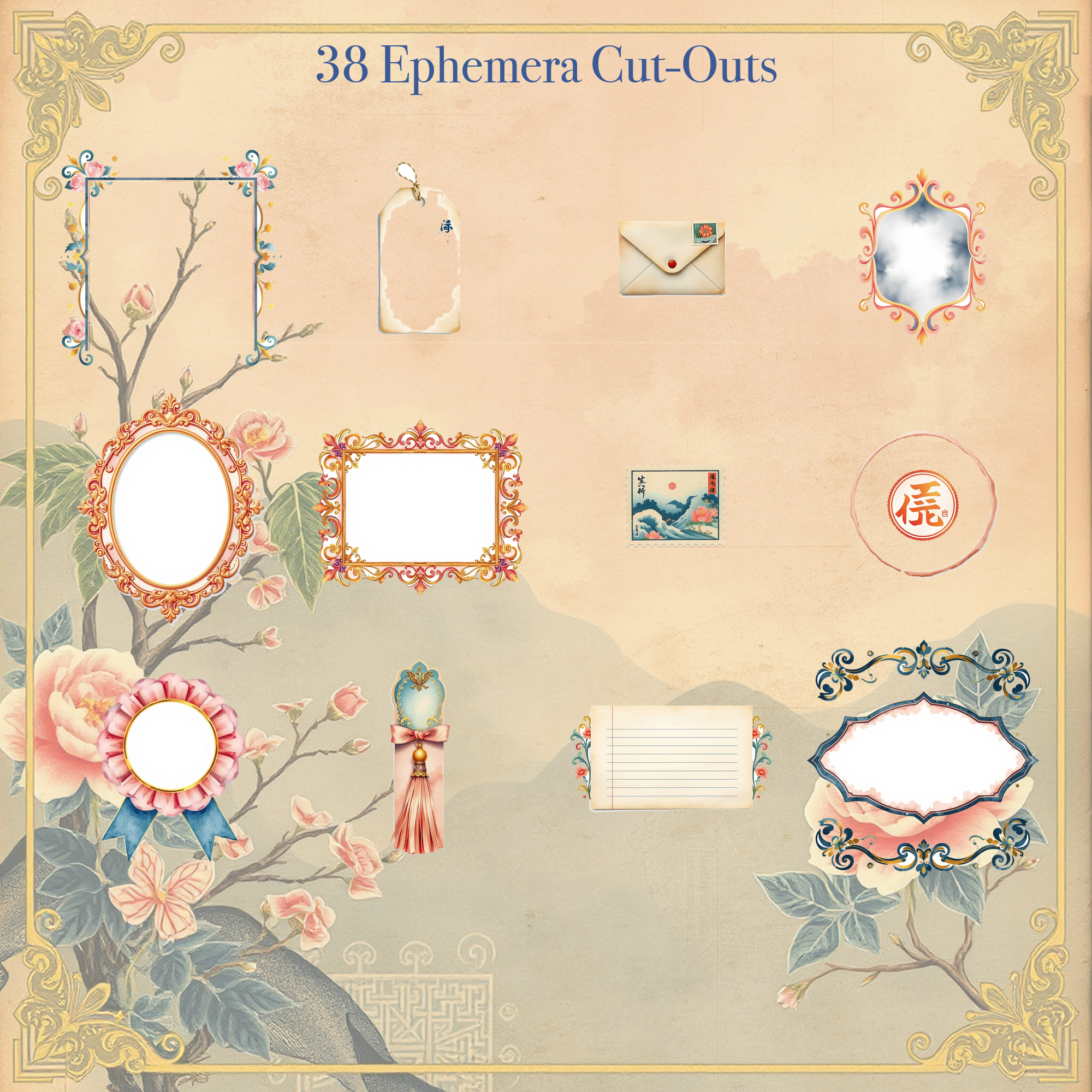 Japanese Ukiyo-e Junk Journal Kit | Cherry Blossom & Crane Ephemera Papers | Printable Cut-Outs | Digital Download