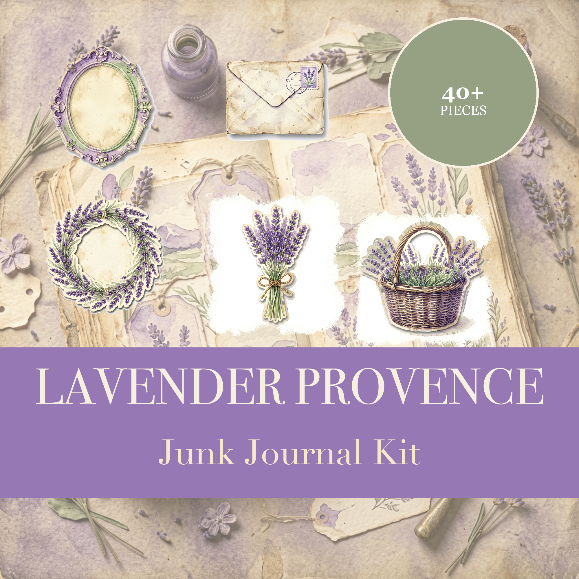 Lavender Provence Junk Journal Kit | French Countryside Floral Ephemera & Papers | Printable Cut-Outs | Digital Download