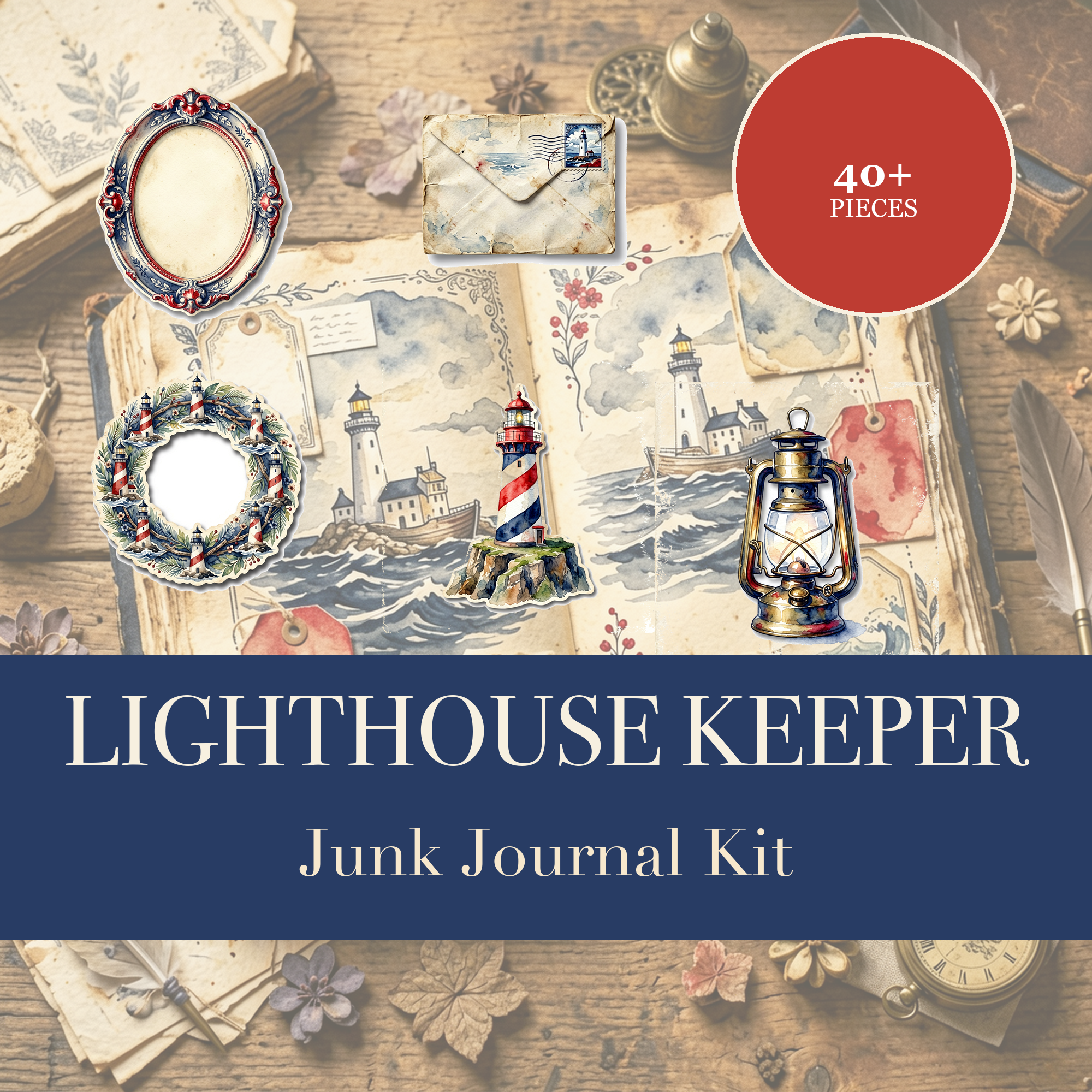Lighthouse Keeper Junk Journal Kit | Coastal Beacon & Map Ephemera Papers | Printable Cut-Outs | Digital Download