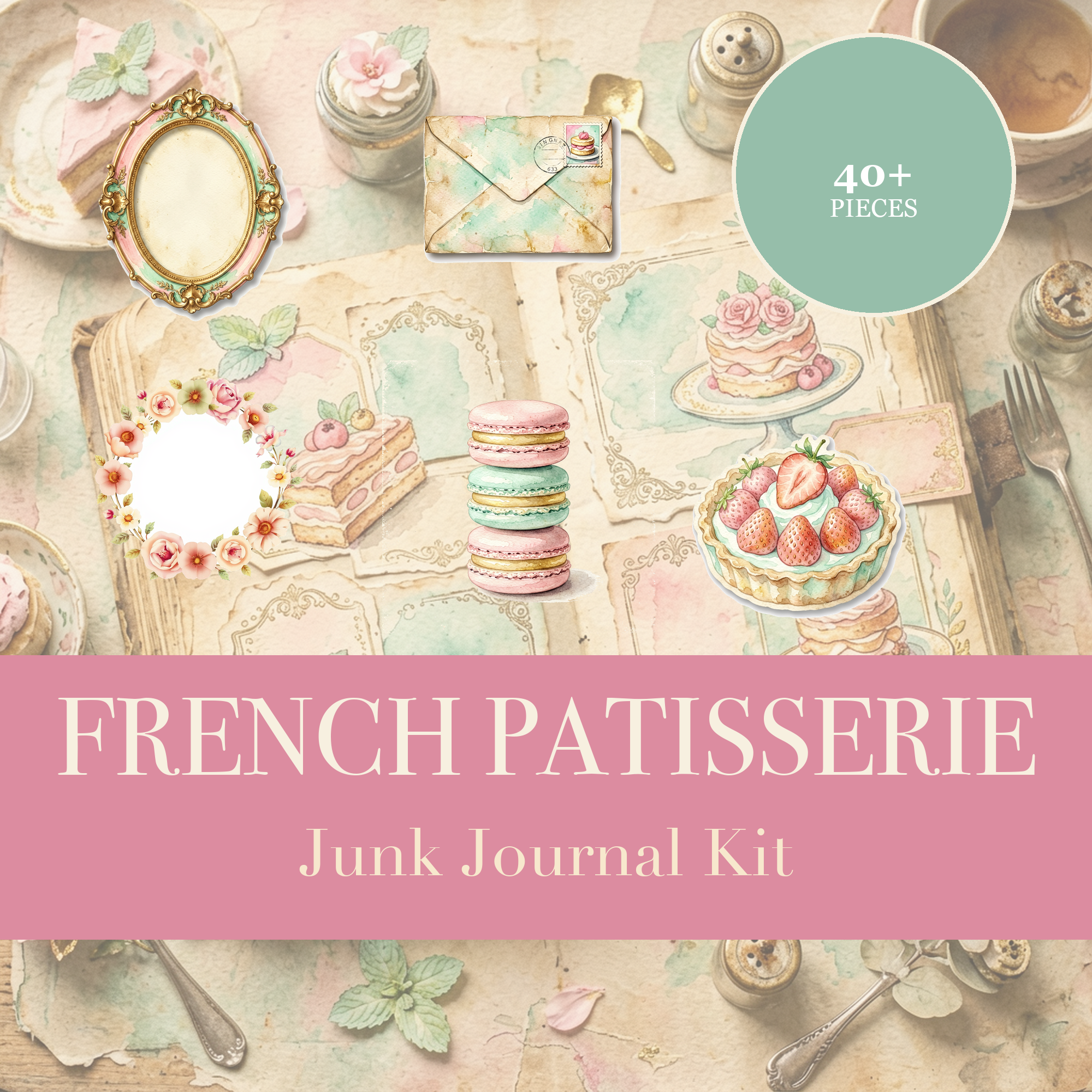 French Patisserie Junk Journal Kit | Macaron & Dessert Ephemera | Printable Cut-Outs | Digital Download