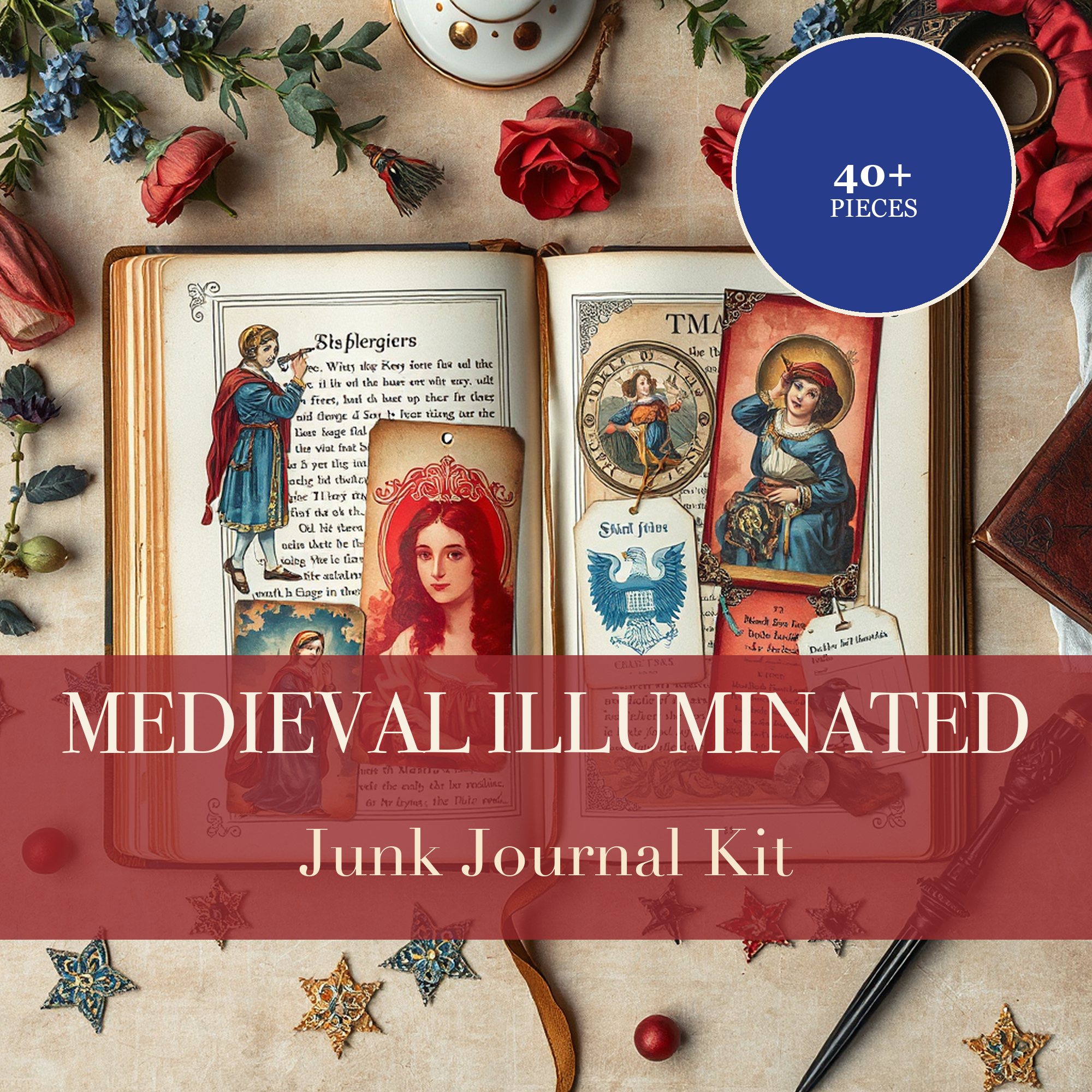 中世紀彩繪手抄本 Junk Journal Kit | 騎士同手抄本 Ephemera 紙 | 可印裁剪素材 | 數碼下載
