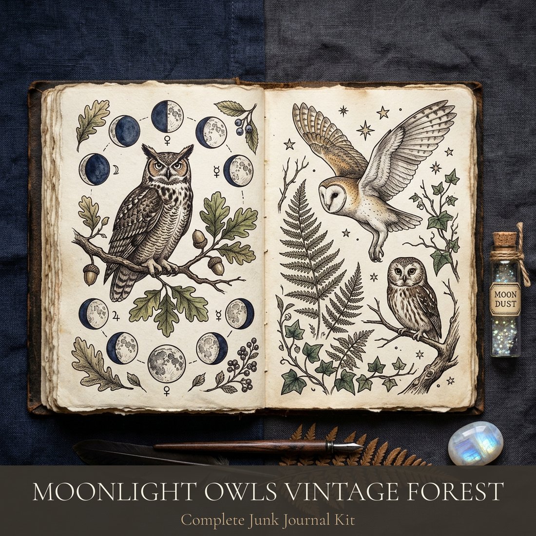 Moonlight Owls Vintage Forest Junk Journal Kit | Nocturnal Ephemera + Printable Sheets | Woodland | Digital Download