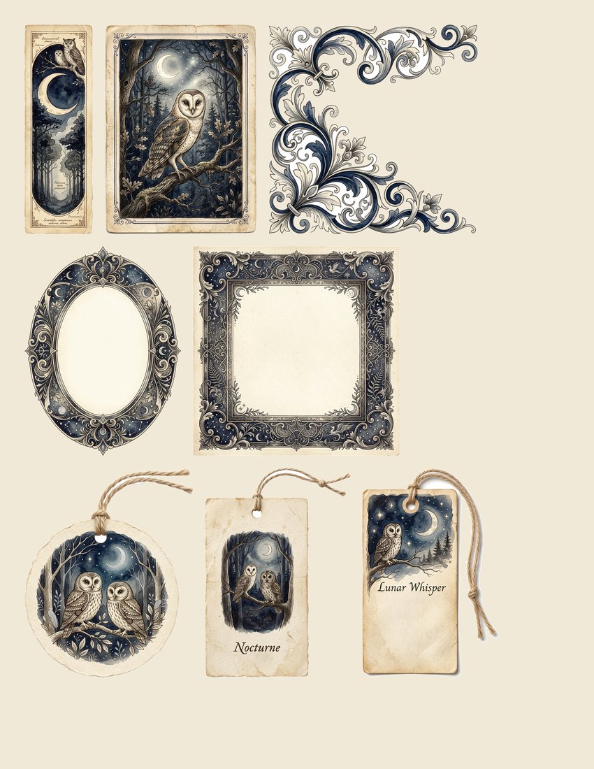 Moonlight Owls Vintage Forest Junk Journal Kit | Nocturnal Ephemera + Printable Sheets | Woodland | Digital Download