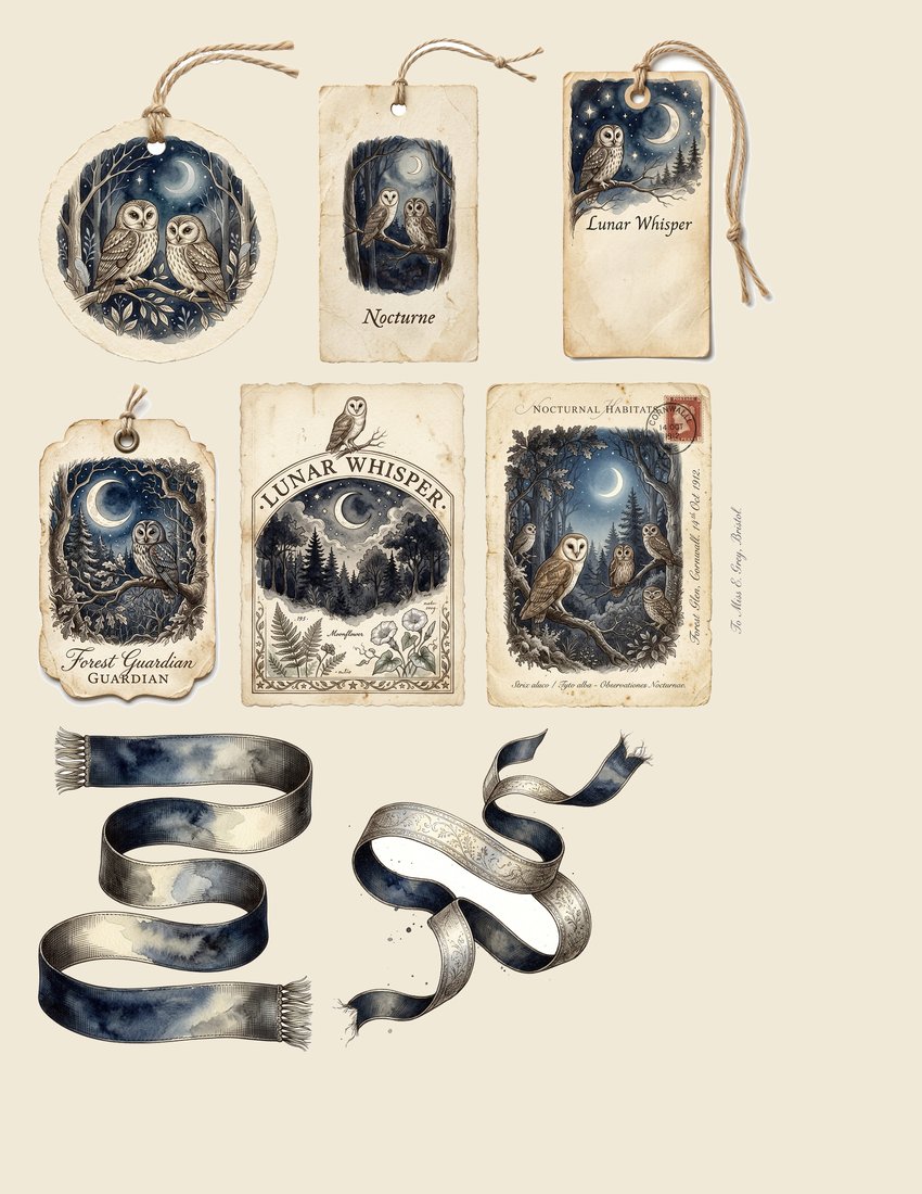 Moonlight Owls Vintage Forest Junk Journal Kit | Nocturnal Ephemera + Printable Sheets | Woodland | Digital Download