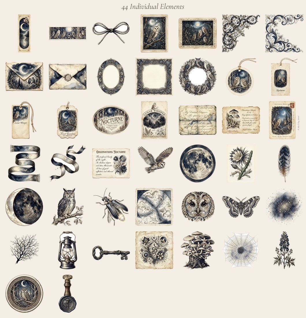 Moonlight Owls Vintage Forest Junk Journal Kit | Nocturnal Ephemera + Printable Sheets | Woodland | Digital Download