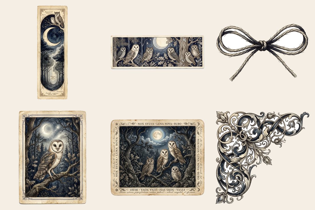 Moonlight Owls Vintage Forest Junk Journal Kit | Nocturnal Ephemera + Printable Sheets | Woodland | Digital Download