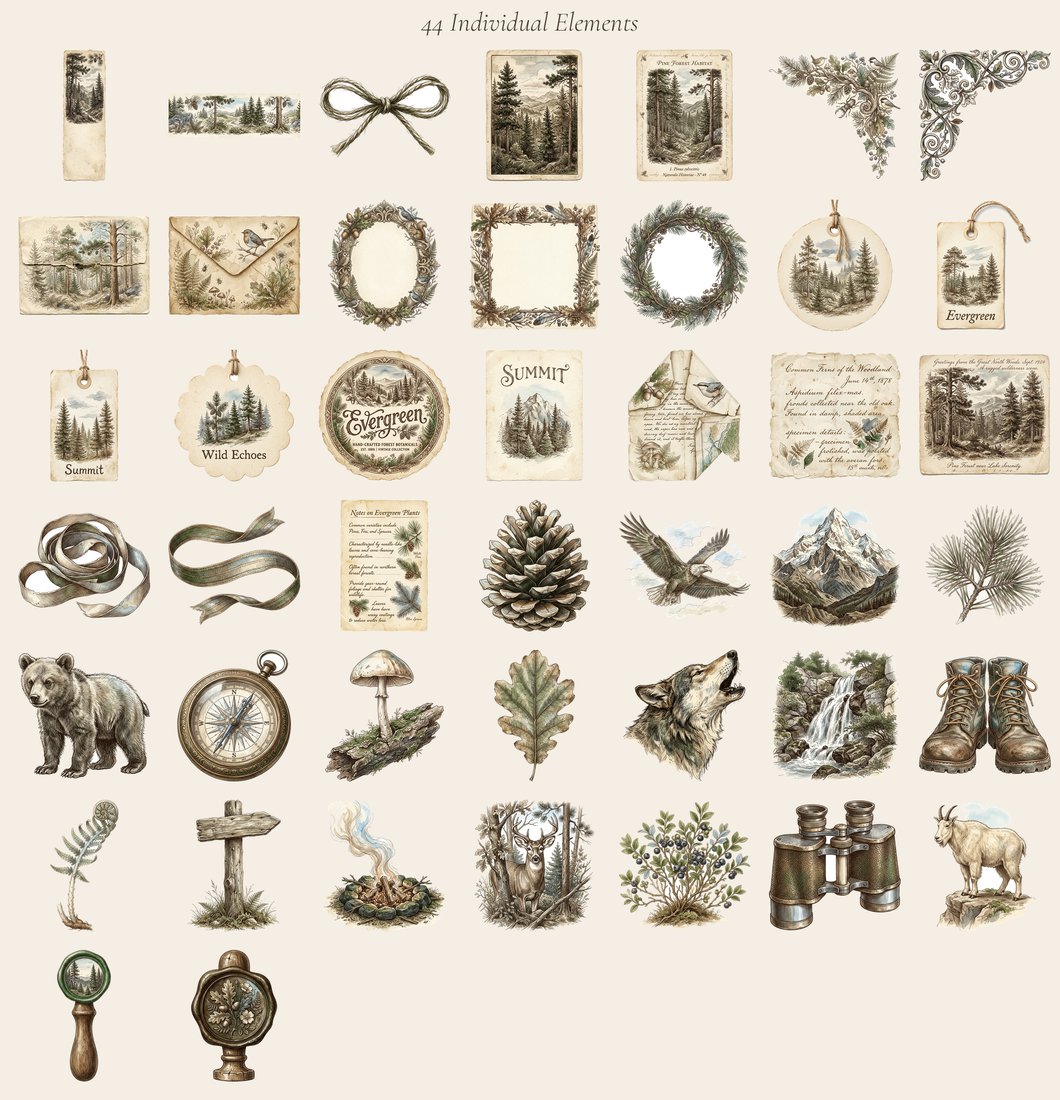 Mountain Wilderness Junk Journal Kit | Vintage Woodland Ephemera & Nature Prints | Digital Download