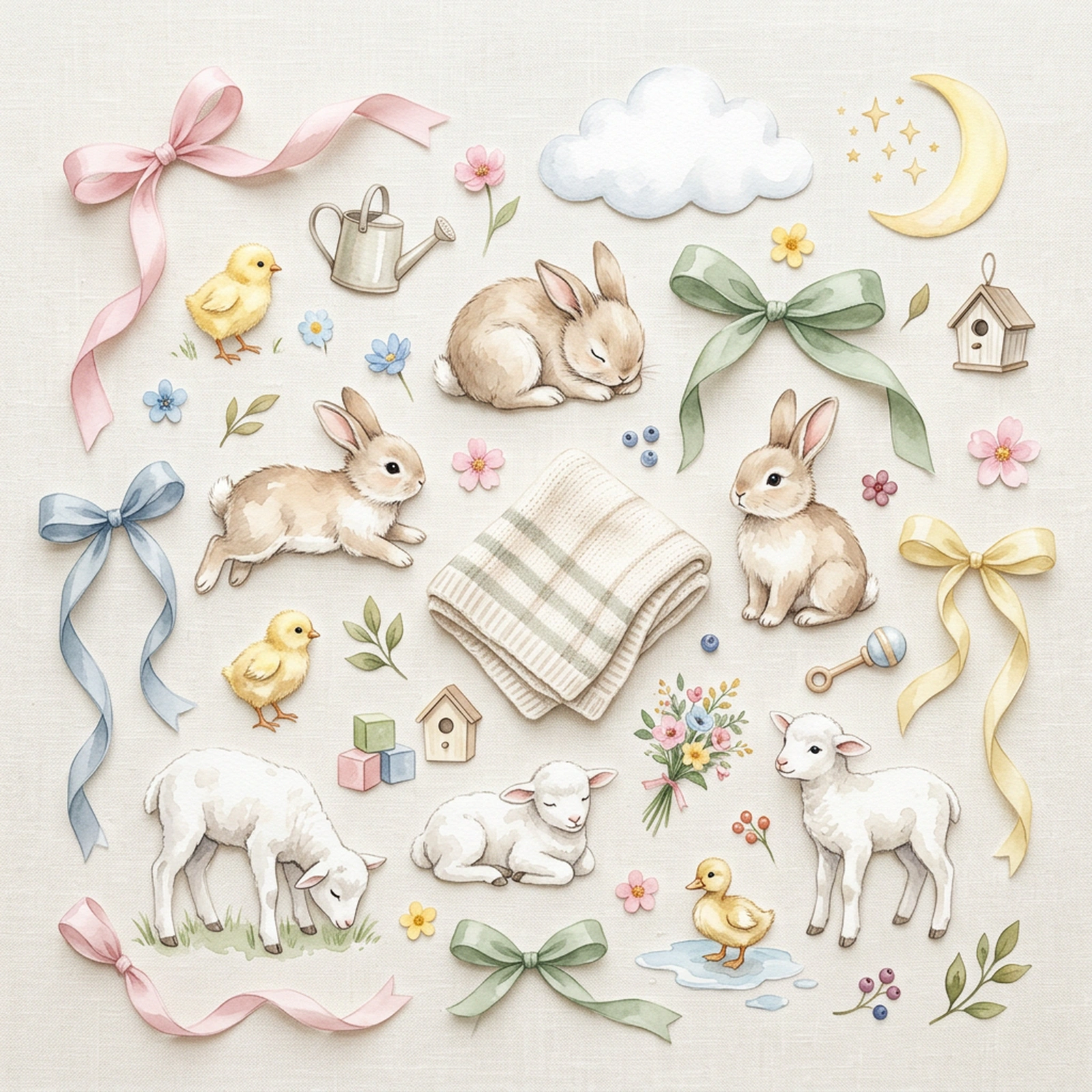Watercolor Baby Bunnies and Lambs Clipart, 30 PNG, Transparent Background, Commercial Use, Digital Download