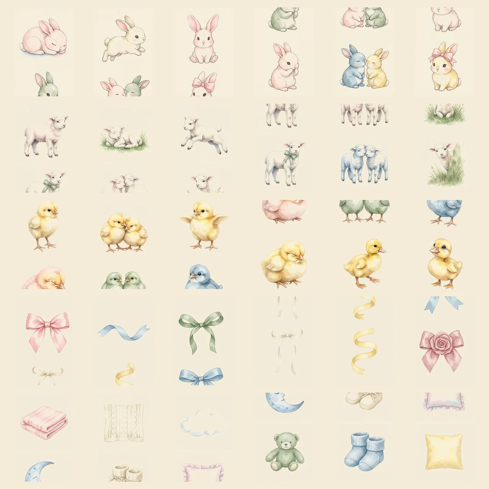 Watercolor Baby Bunnies and Lambs Clipart, 30 PNG, Transparent Background, Commercial Use, Digital Download