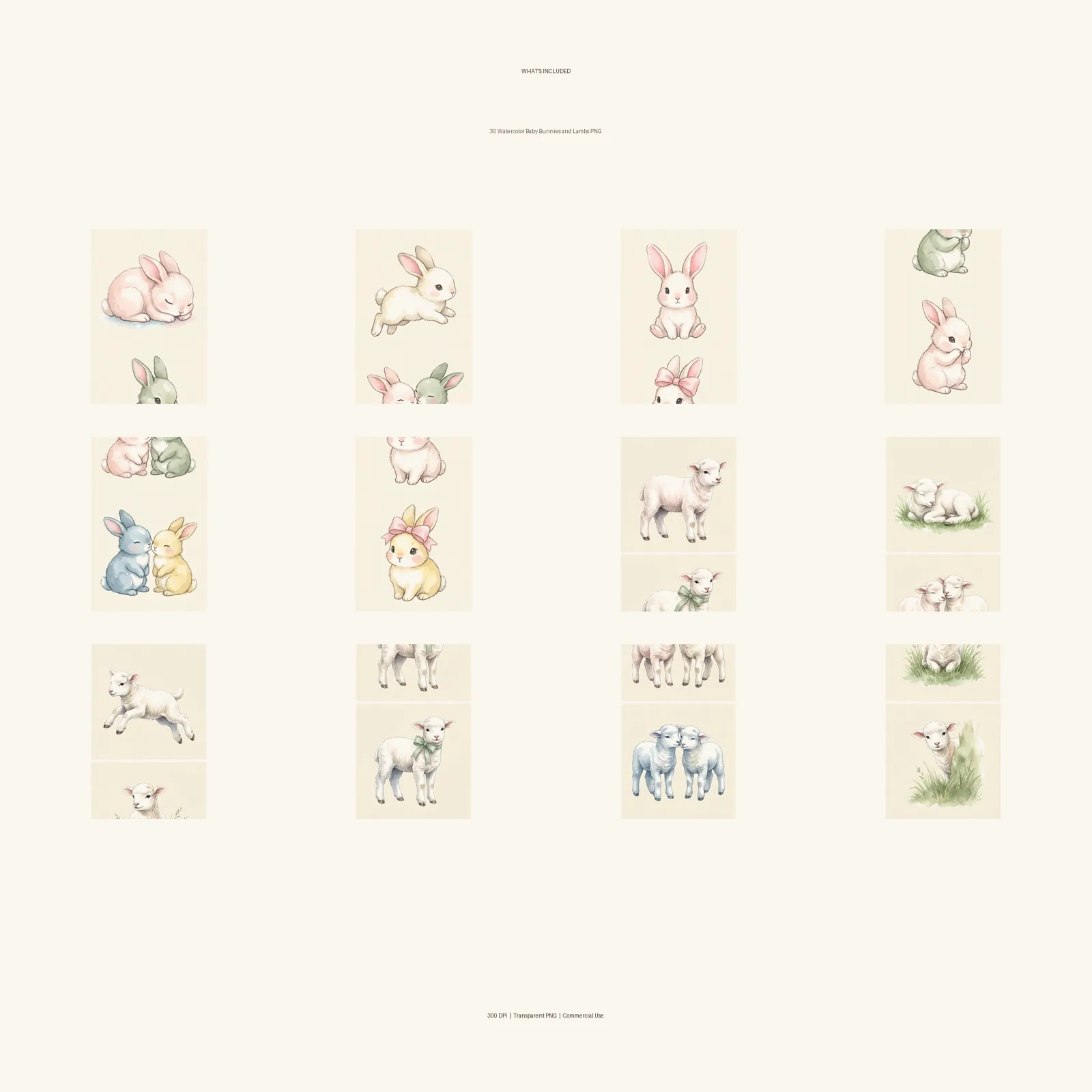 Watercolor Baby Bunnies and Lambs Clipart, 30 PNG, Transparent Background, Commercial Use, Digital Download