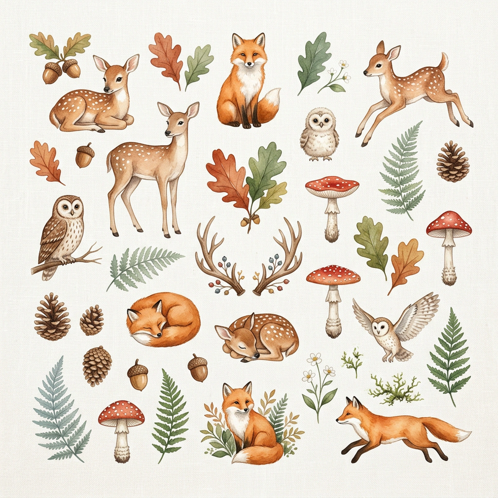Watercolor Woodland Nursery (Deer, Fox, Owl) Clipart, 30 PNG, Transparent Background, Commercial Use, Digital Download