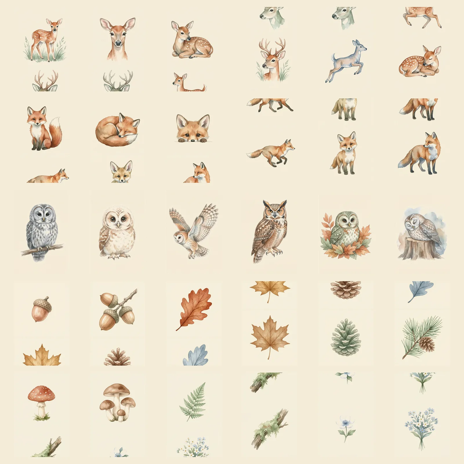 Watercolor Woodland Nursery (Deer, Fox, Owl) Clipart, 30 PNG, Transparent Background, Commercial Use, Digital Download