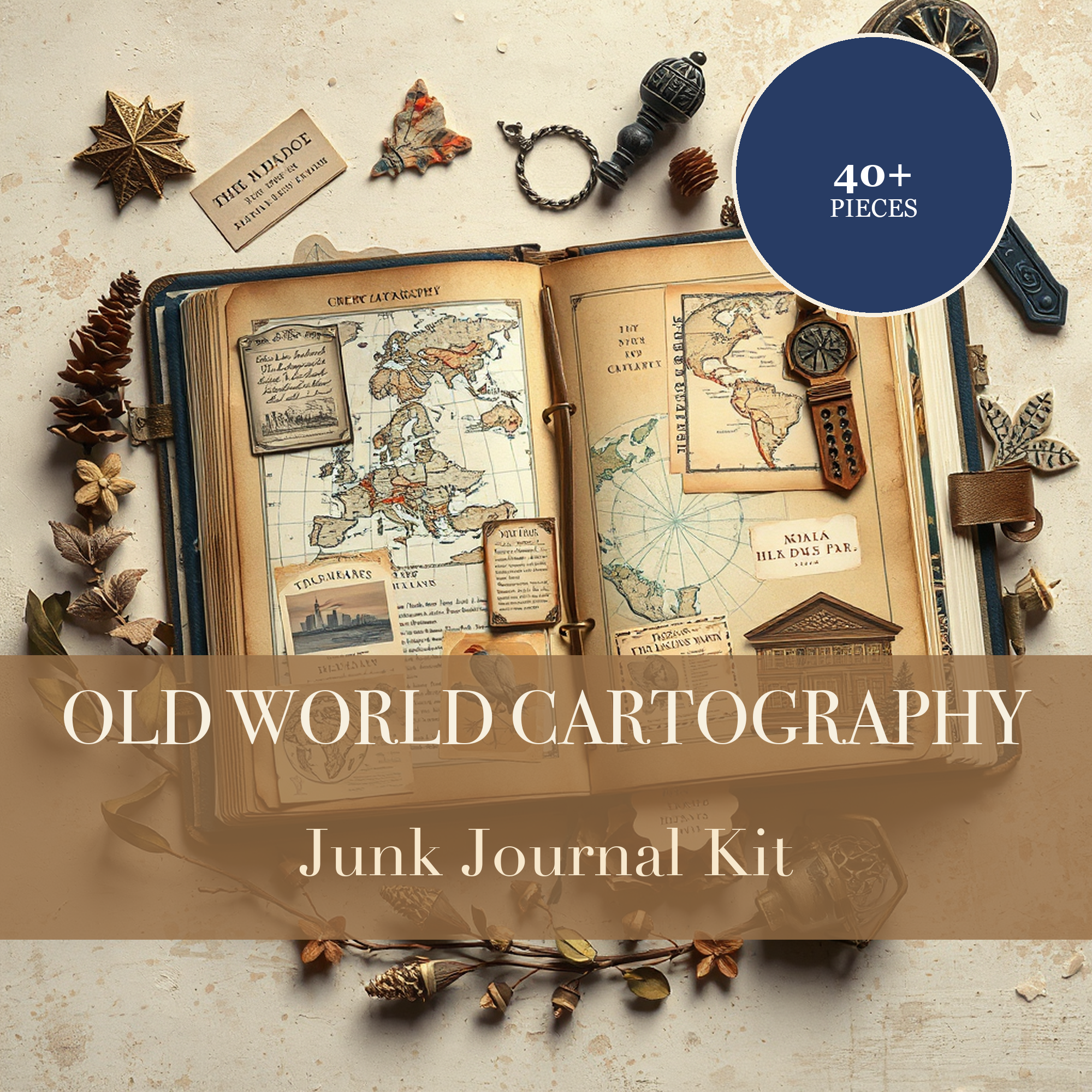 古世界製圖學 Junk Journal Kit | 地圖與羅盤 Ephemera 紙材 | 可列印裁切素材 | 數位下載