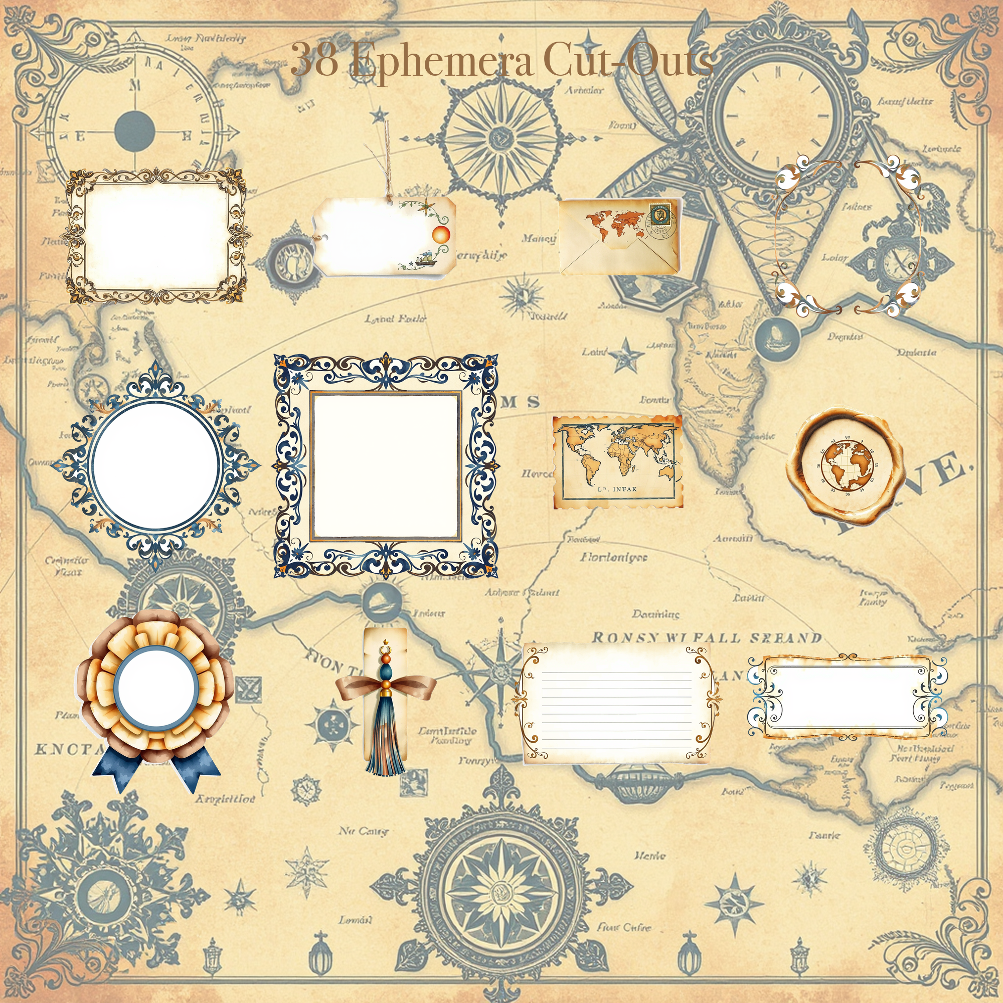 Old World Cartography Junk Journal Kit | Map & Compass Ephemera Papers | Printable Cut-Outs | Digital Download