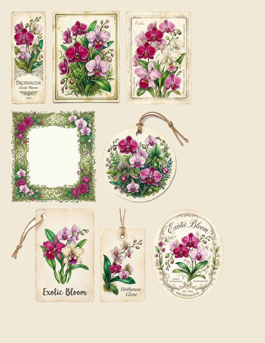Orchid Hothouse Junk Journal Kit | Exotic Bloom Ephemera & Botanical Prints | Digital Download