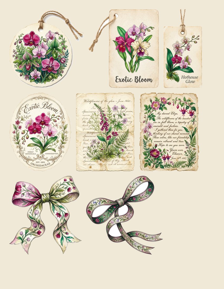 Orchid Hothouse Junk Journal Kit | Exotic Bloom Ephemera & Botanical Prints | Digital Download