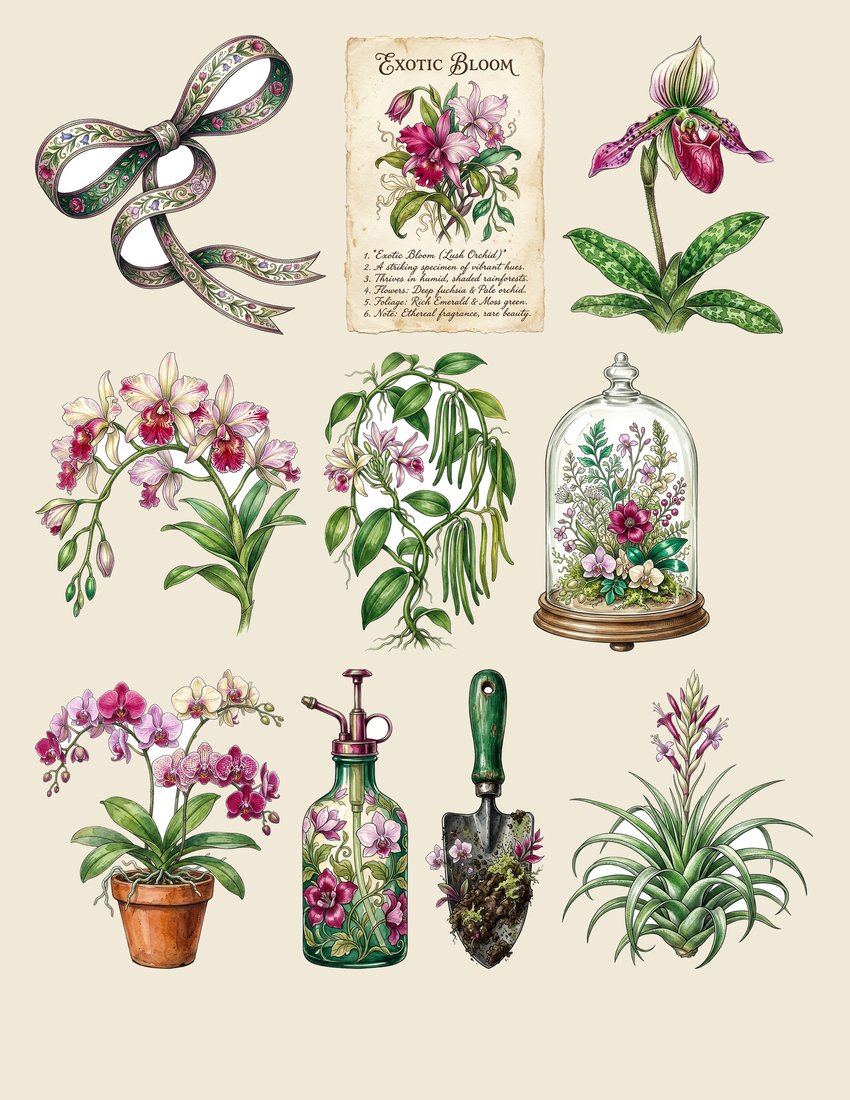 Orchid Hothouse Junk Journal Kit | Exotic Bloom Ephemera & Botanical Prints | Digital Download
