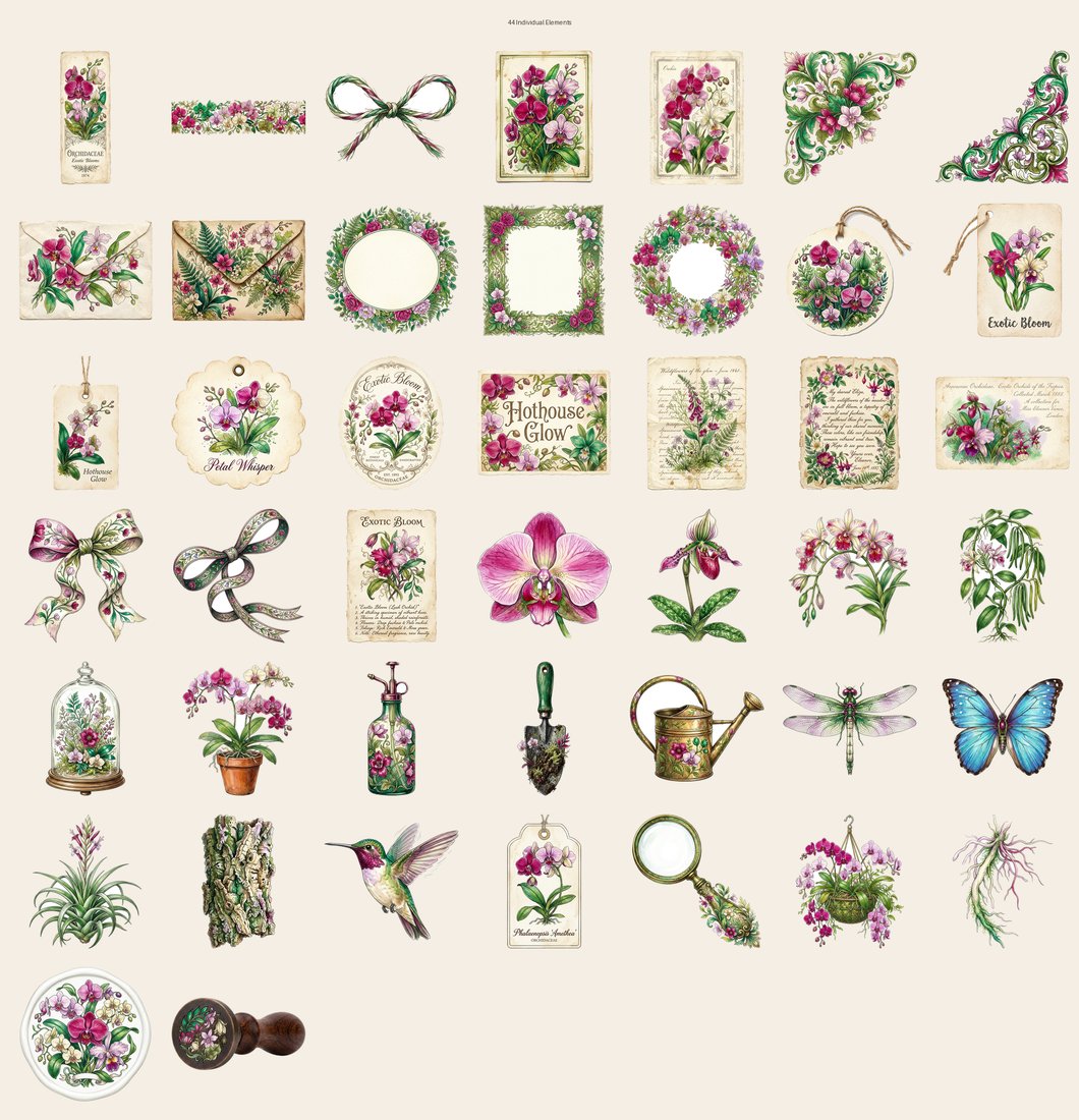 Orchid Hothouse Junk Journal Kit | Exotic Bloom Ephemera & Botanical Prints | Digital Download