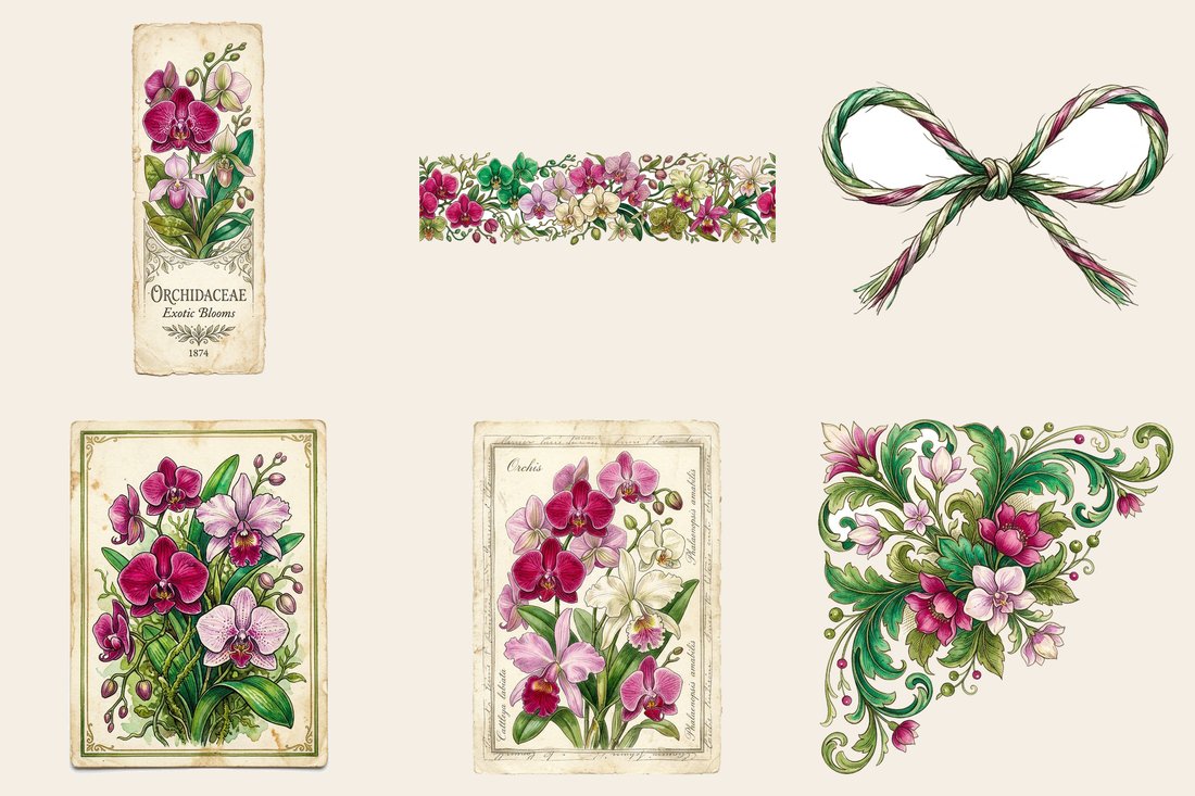 Orchid Hothouse Junk Journal Kit | Exotic Bloom Ephemera & Botanical Prints | Digital Download