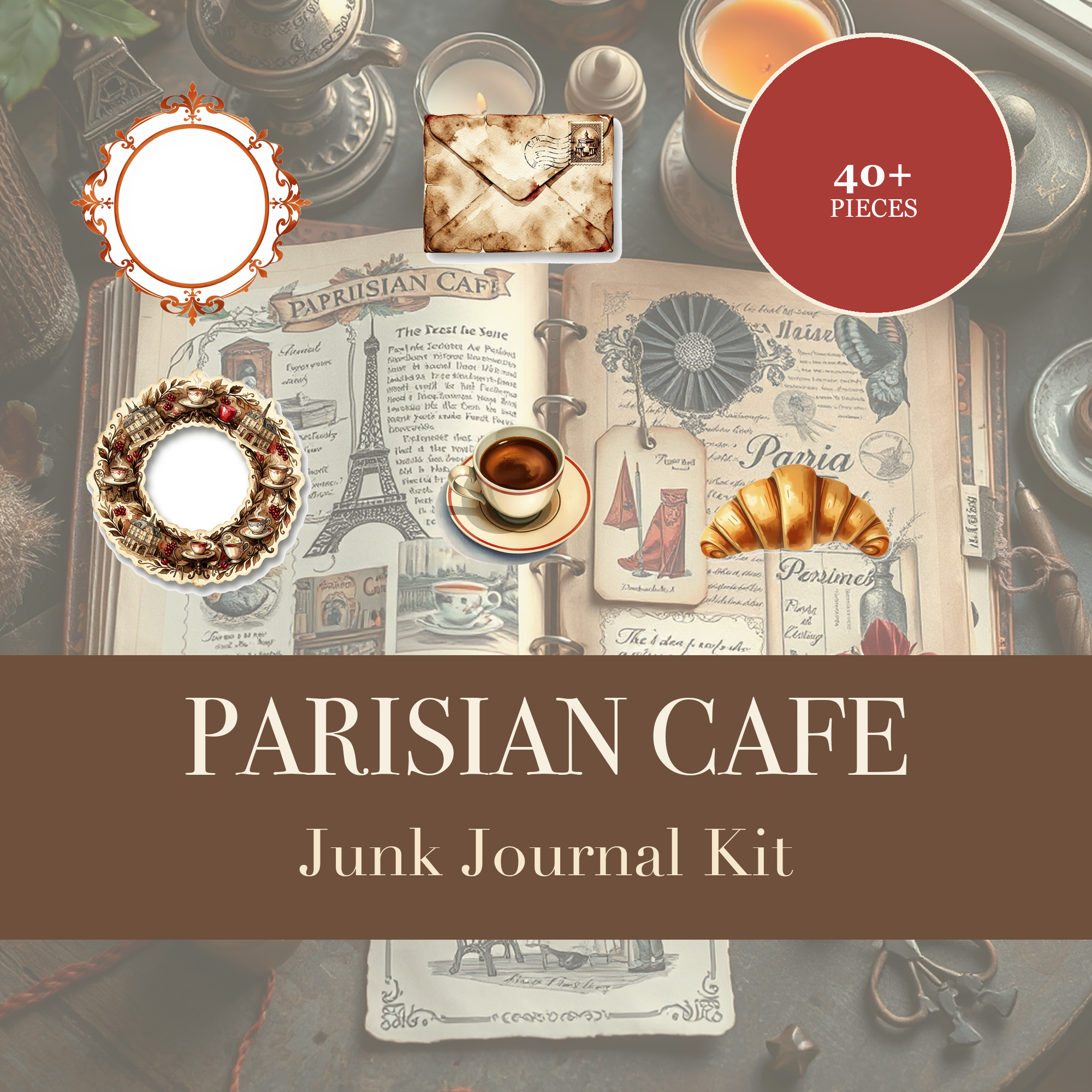 Parisian Cafe Junk Journal Kit | French Coffee & Croissant Ephemera Papers | Printable Cut-Outs | Digital Download