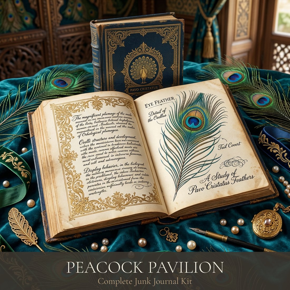 Peacock Pavilion Junk Journal Kit | Ornate Feather Ephemera + Printable Pages | Jewel Tones | Digital Download