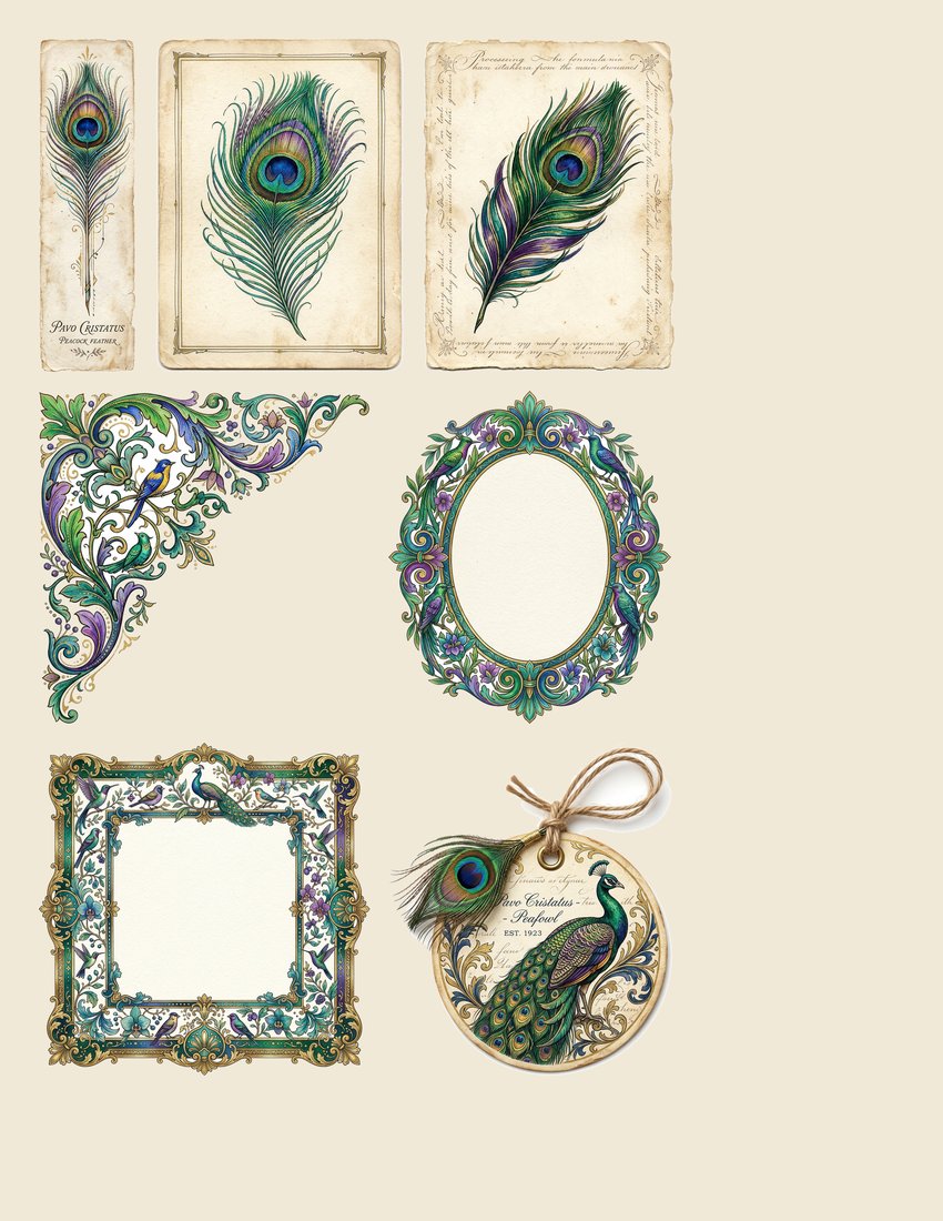 Peacock Pavilion Junk Journal Kit | Ornate Feather Ephemera + Printable Pages | Jewel Tones | Digital Download