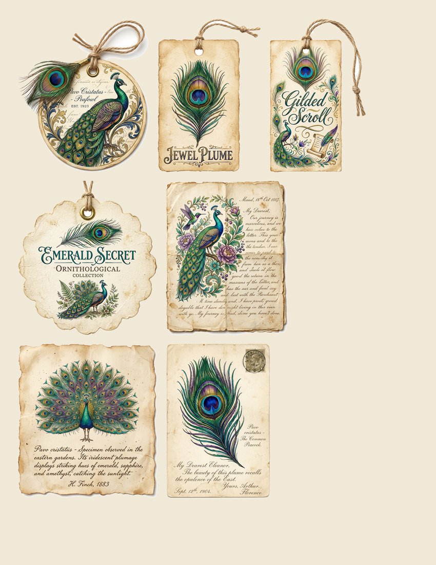 Peacock Pavilion Junk Journal Kit | Ornate Feather Ephemera + Printable Pages | Jewel Tones | Digital Download