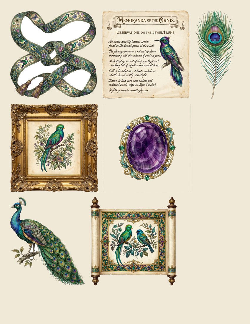 Peacock Pavilion Junk Journal Kit | Ornate Feather Ephemera + Printable Pages | Jewel Tones | Digital Download