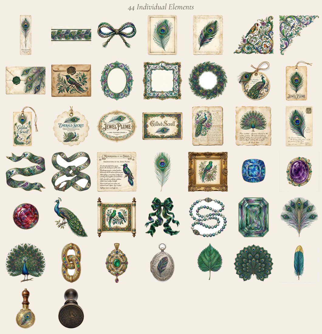 Peacock Pavilion Junk Journal Kit | Ornate Feather Ephemera + Printable Pages | Jewel Tones | Digital Download