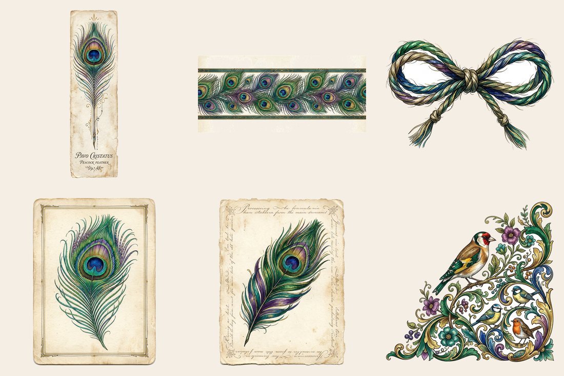 Peacock Pavilion Junk Journal Kit | Ornate Feather Ephemera + Printable Pages | Jewel Tones | Digital Download