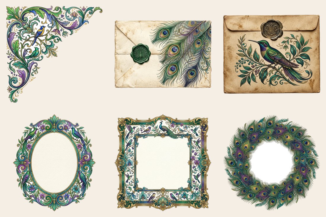 Peacock Pavilion Junk Journal Kit | Ornate Feather Ephemera + Printable Pages | Jewel Tones | Digital Download