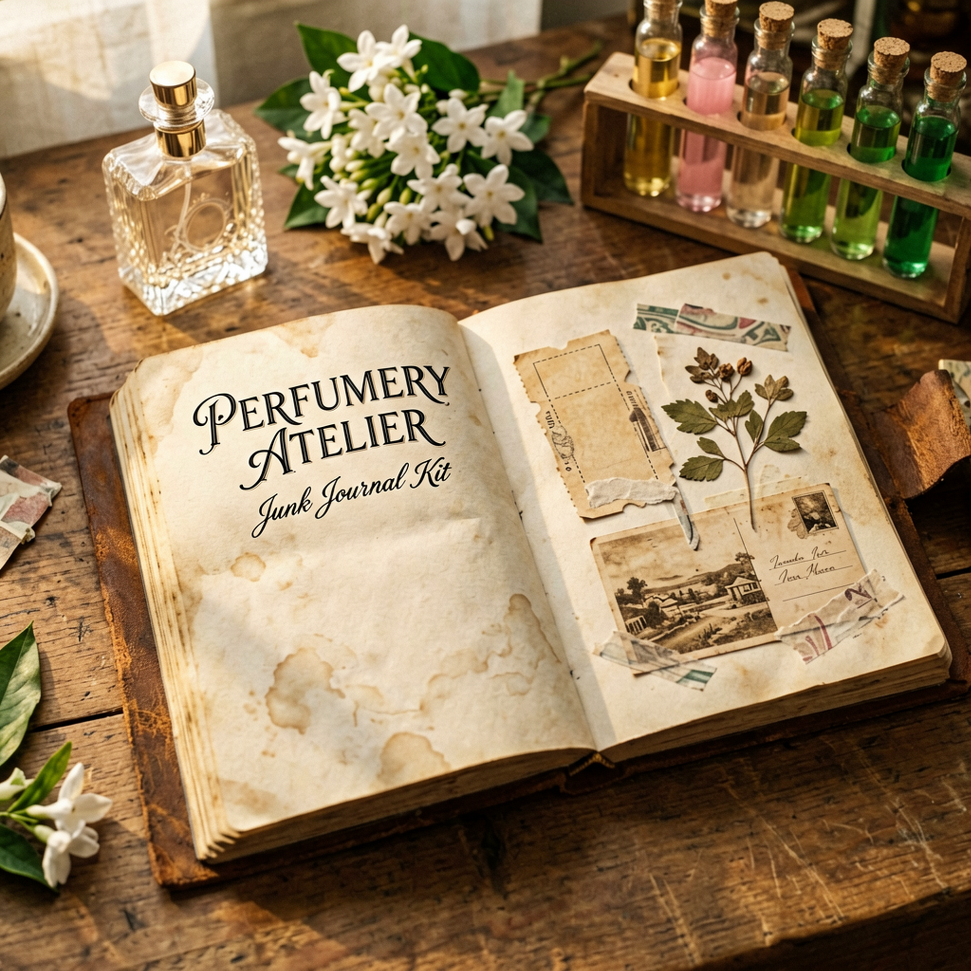 Perfumery Atelier Junk Journal Kit | French Perfume Bottle Ephemera Papers | Printable Cut-Outs | Digital Download