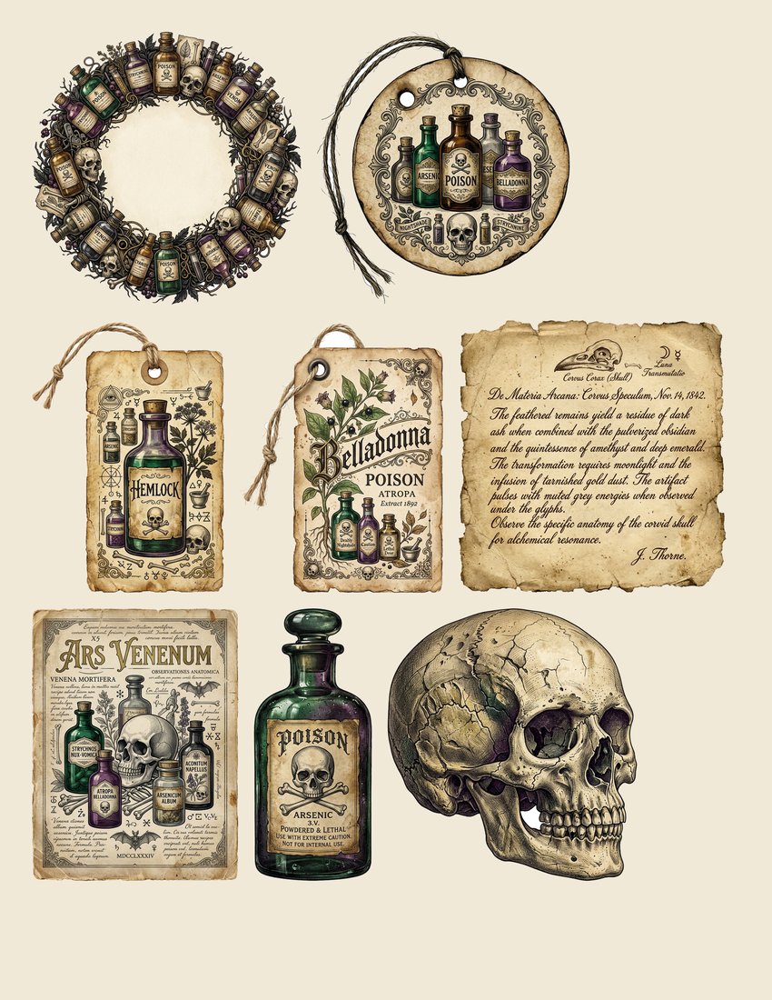 Gothic Poison Apothecary Junk Journal Kit | Vintage Labels & Elixirs | Digital Download