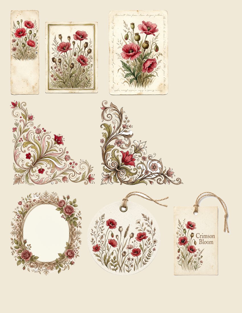 Poppy Field Dreams Junk Journal Kit | Vintage Botanical Ephemera | Digital Download