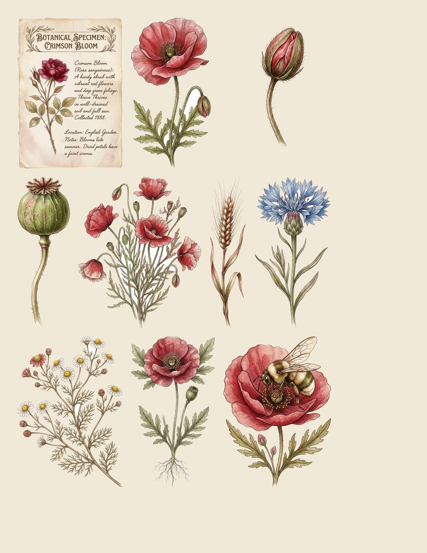 Poppy Field Dreams Junk Journal Kit | Vintage Botanical Ephemera | Digital Download
