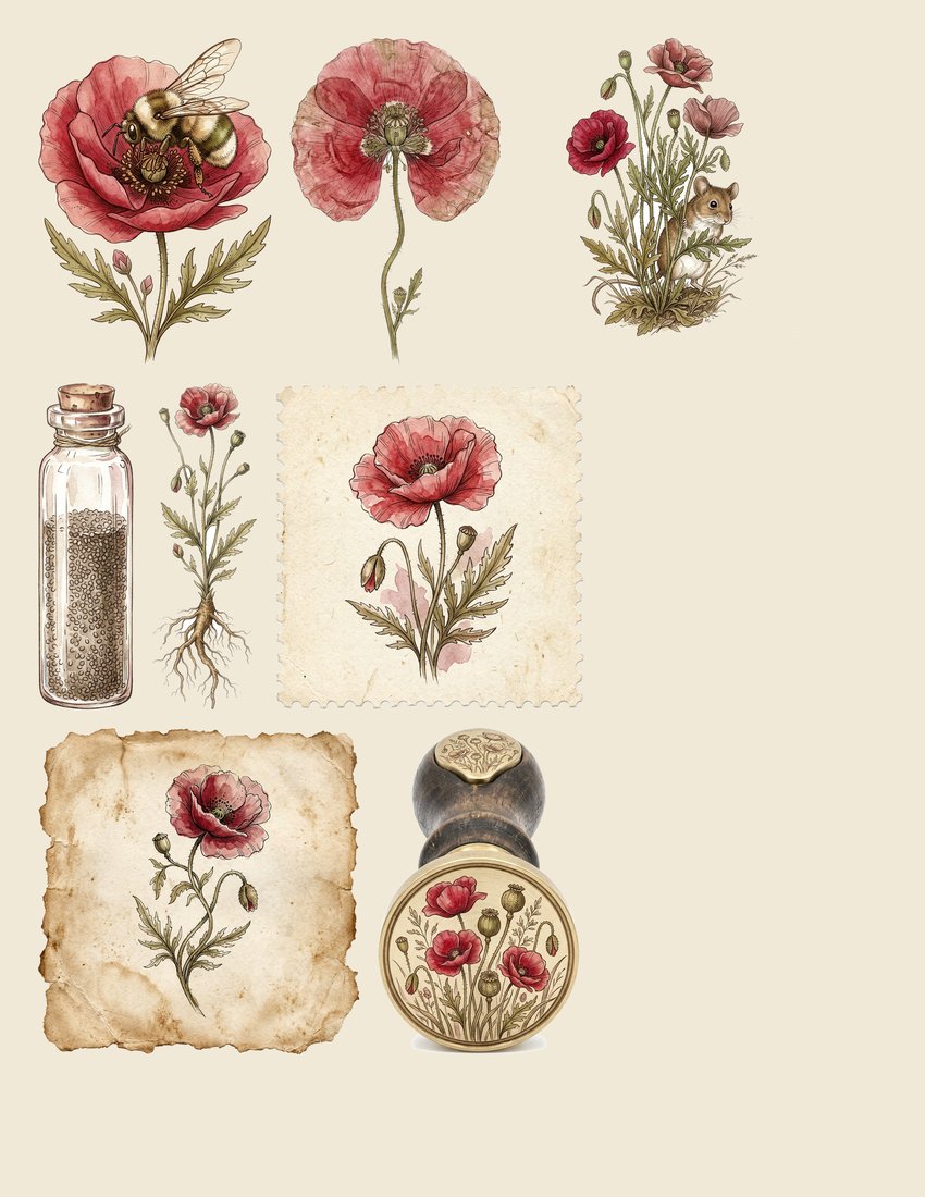 Poppy Field Dreams Junk Journal Kit | Vintage Botanical Ephemera | Digital Download