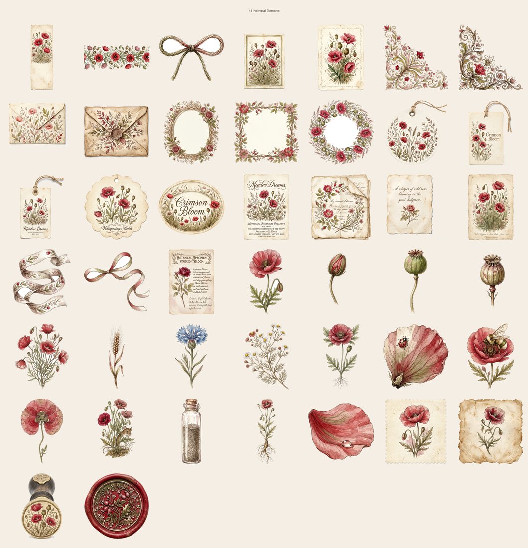 Poppy Field Dreams Junk Journal Kit | Vintage Botanical Ephemera | Digital Download