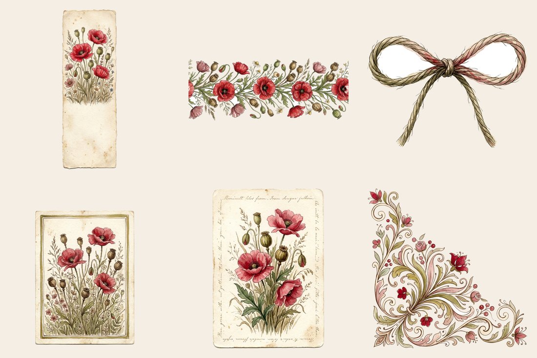 Poppy Field Dreams Junk Journal Kit | Vintage Botanical Ephemera | Digital Download