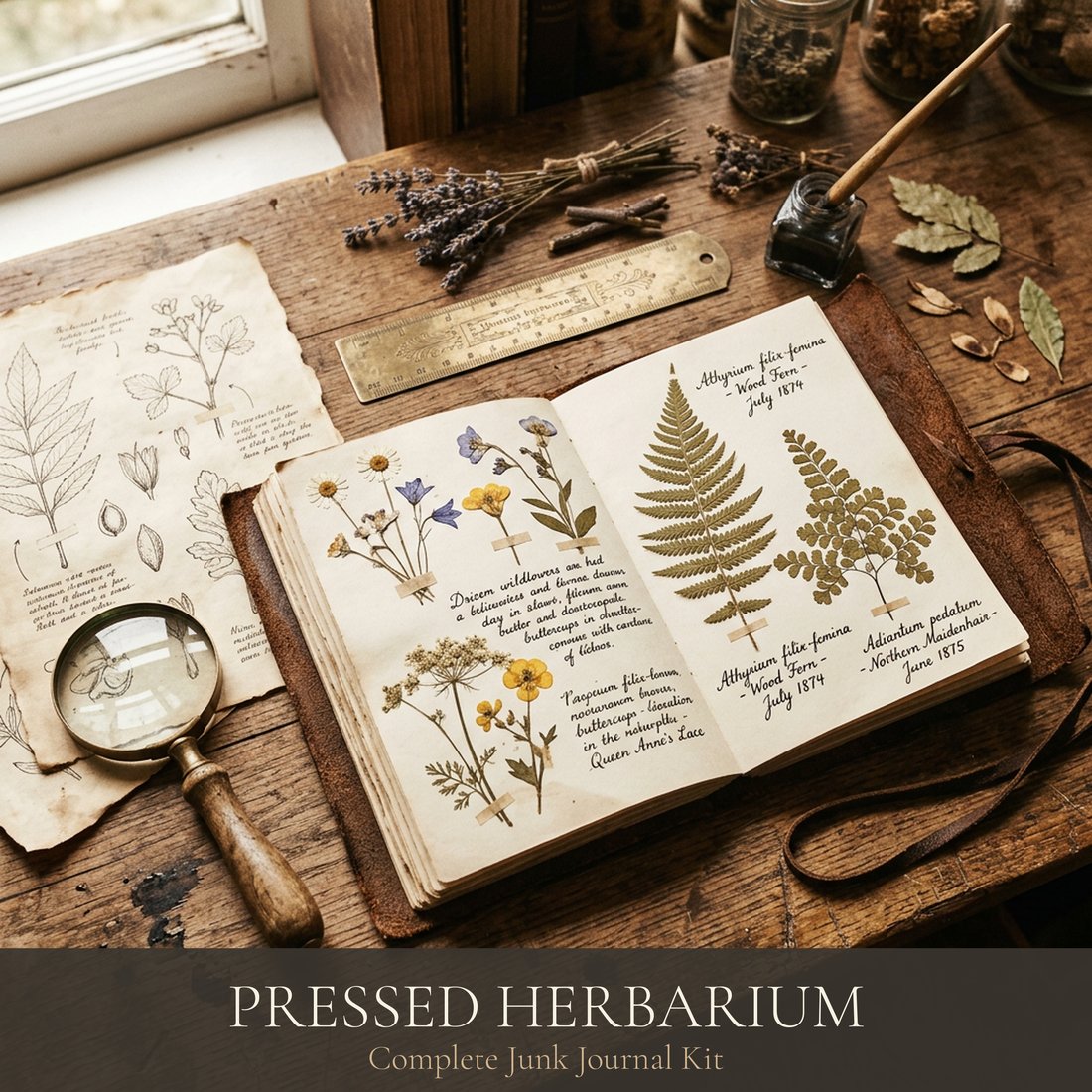 Pressed Herbarium Junk Journal Kit | Vintage Botanical Ephemera & Naturalist Labels | Digital Download