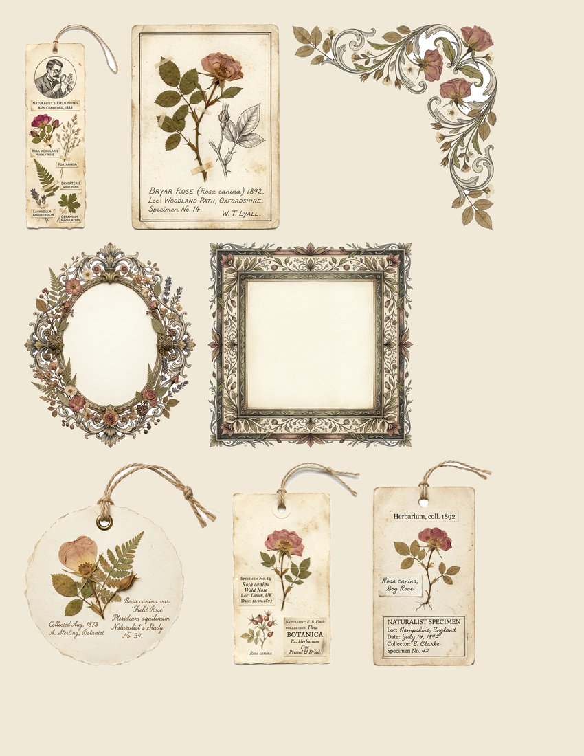 Pressed Herbarium Junk Journal Kit | Vintage Botanical Ephemera & Naturalist Labels | Digital Download